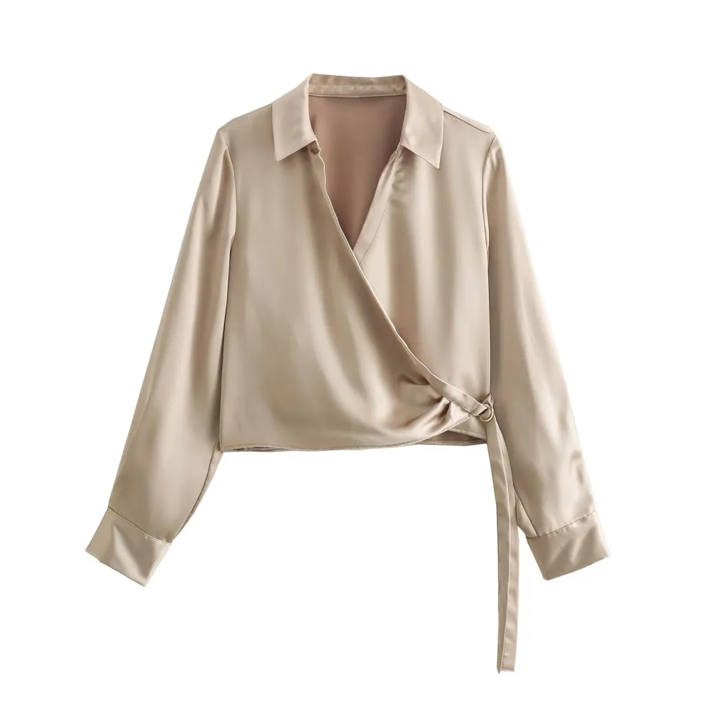Fashionable All-match Double Breasted Silk Satin Textured Shirt Top - Red