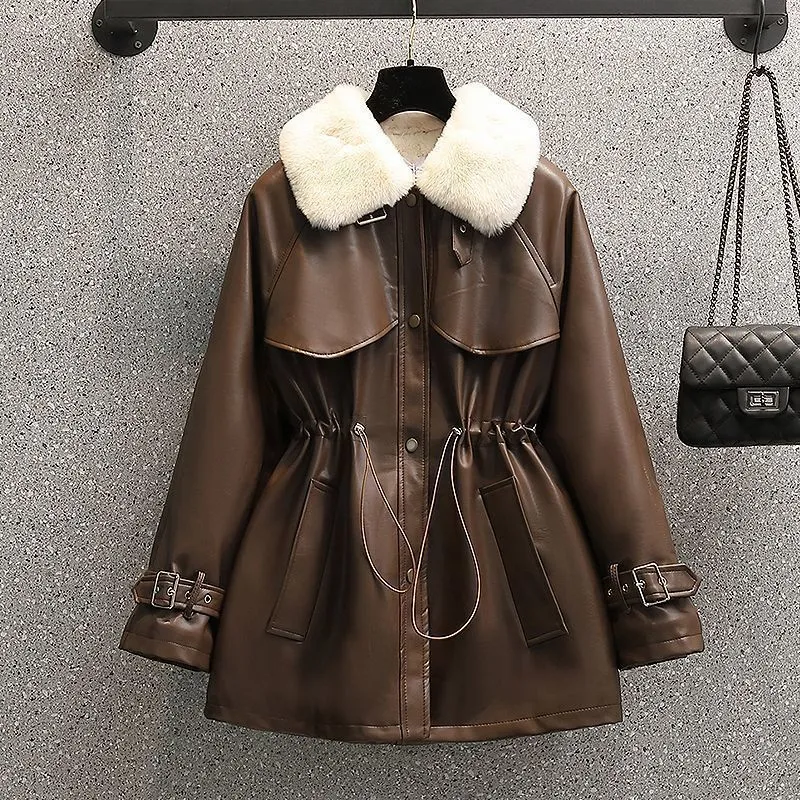 Plus Size Women's Winter Fashion Temperament Waist-controlled Fleece-lined Leather Coat - Coffee Color