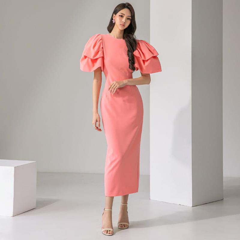 Women's High Waist Slimming Puff Sleeve Pink Dress Women