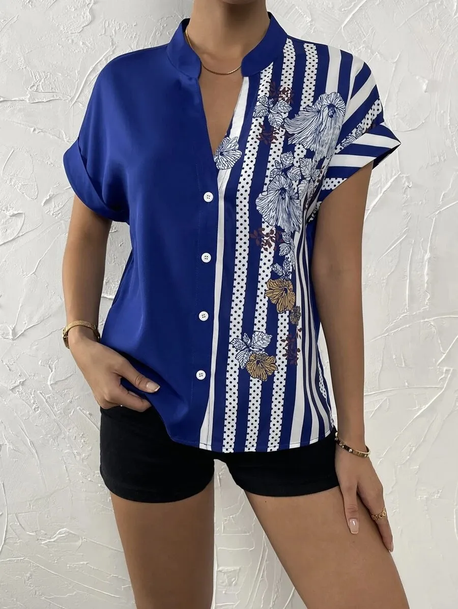 Double Contrast Color Floral Button Cardigan Short Sleeve Shirt - Blue
