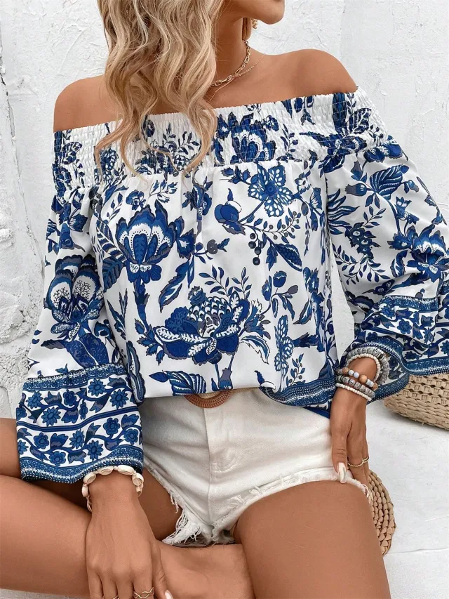 Women's Off shoulder Shoulder baring Floral Print T shirt Top Blue - Shop at LoveMi
