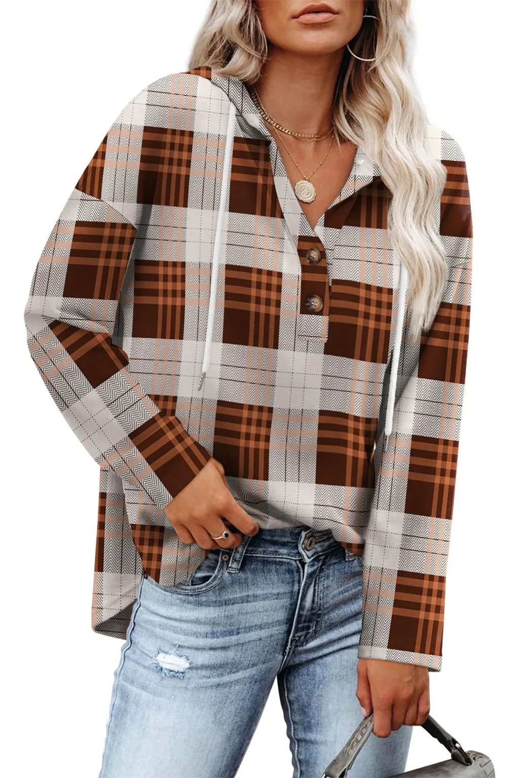 Women's Top V-neck Buttons Long-sleeved Sweater Shirt - Apricot Brown Long Plaid