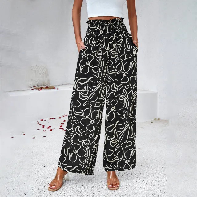 Women's Elegant Printed Loose Trousers Black - Shop at LoveMi