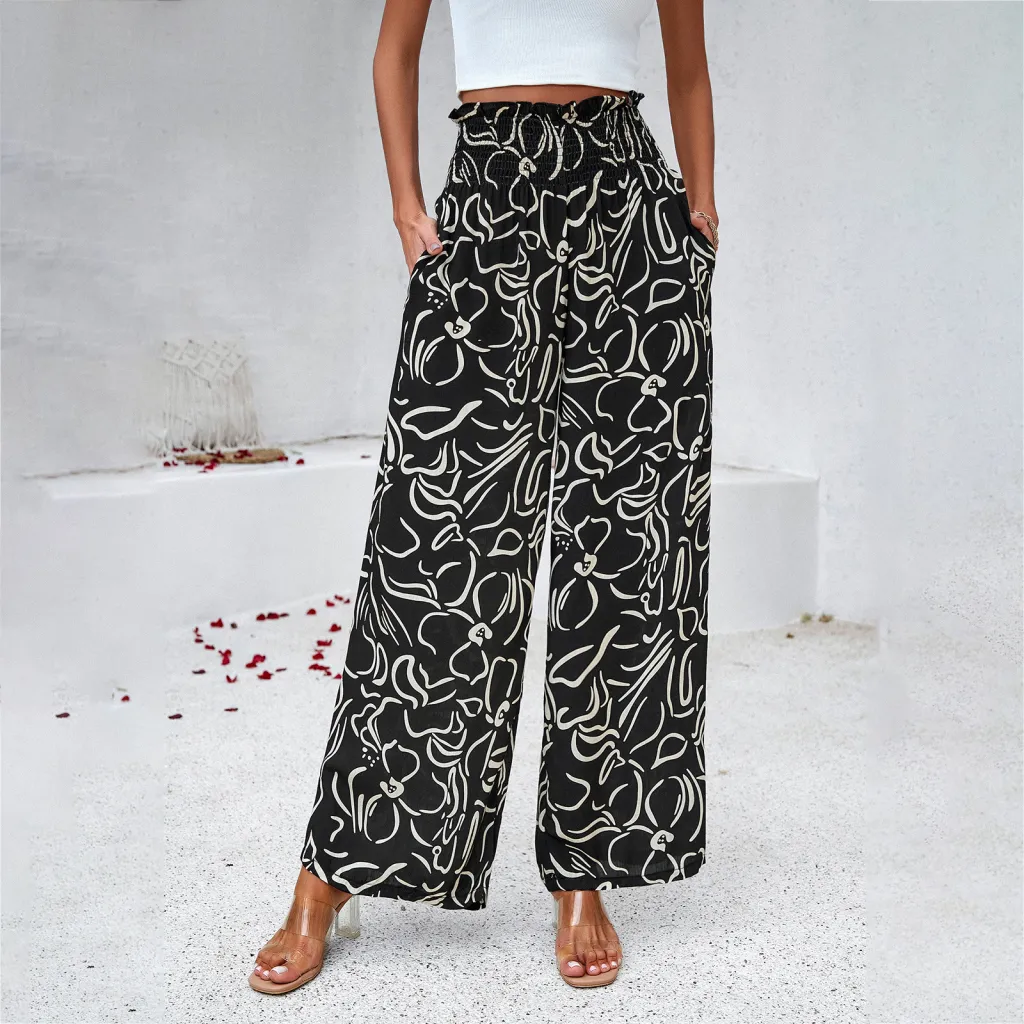 Women's Elegant Printed Loose Trousers - Black