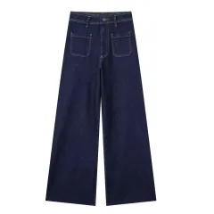 Navy Tuyere Pocket Decoration Loose Straight High Waist Jeans - Dark Blue - View 1