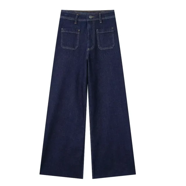 Navy Tuyere Pocket Decoration Loose Straight High Waist Jeans Dark Blue - Shop at LoveMi