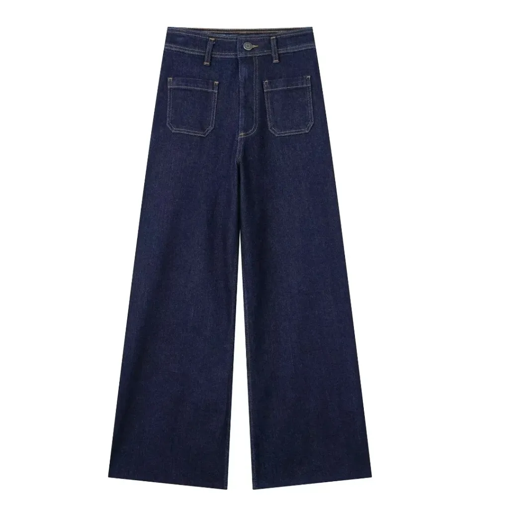 Navy Tuyere Pocket Decoration Loose Straight High Waist Jeans - Dark Blue