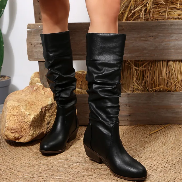 Foreign Trade Large Size Pleated High Leg Boot British Style Women Black - Shop at LoveMi