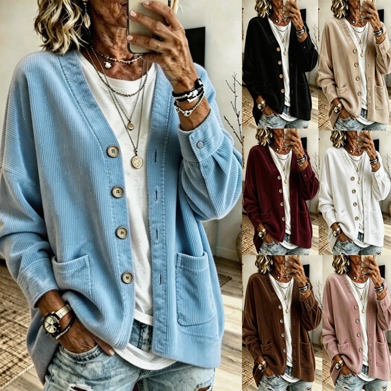Laid-back Corduroy V-neck Loose-fit Drop-shoulder Cardigan Coat