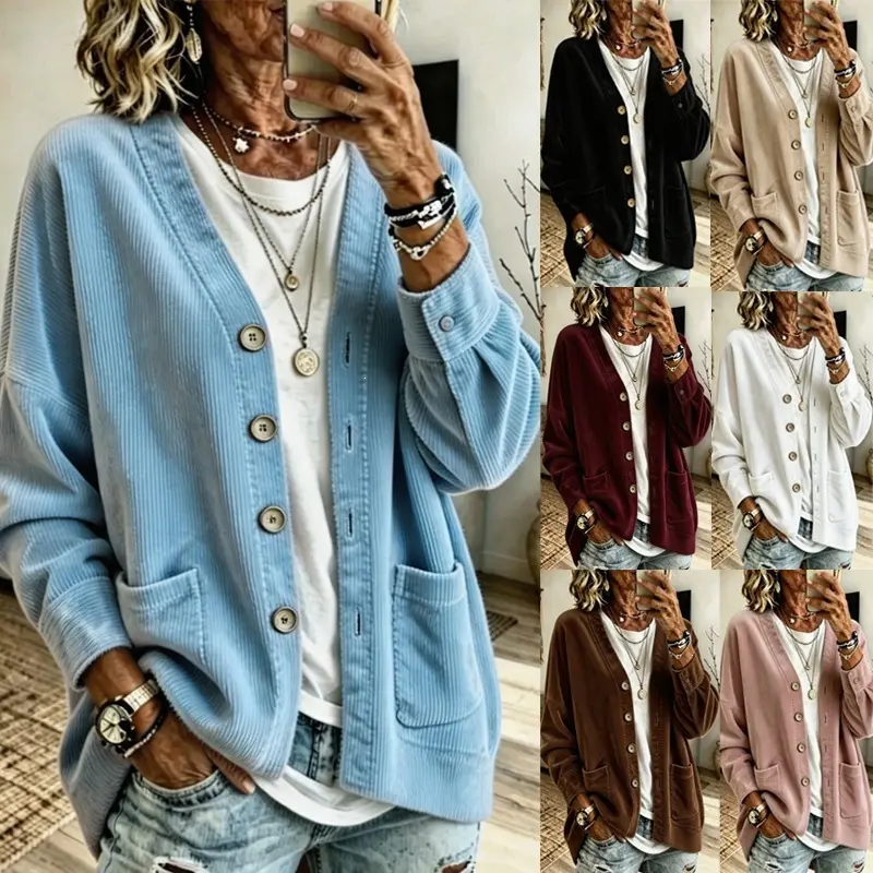 Laid-back Corduroy V-neck Loose-fit Drop-shoulder Cardigan Coat