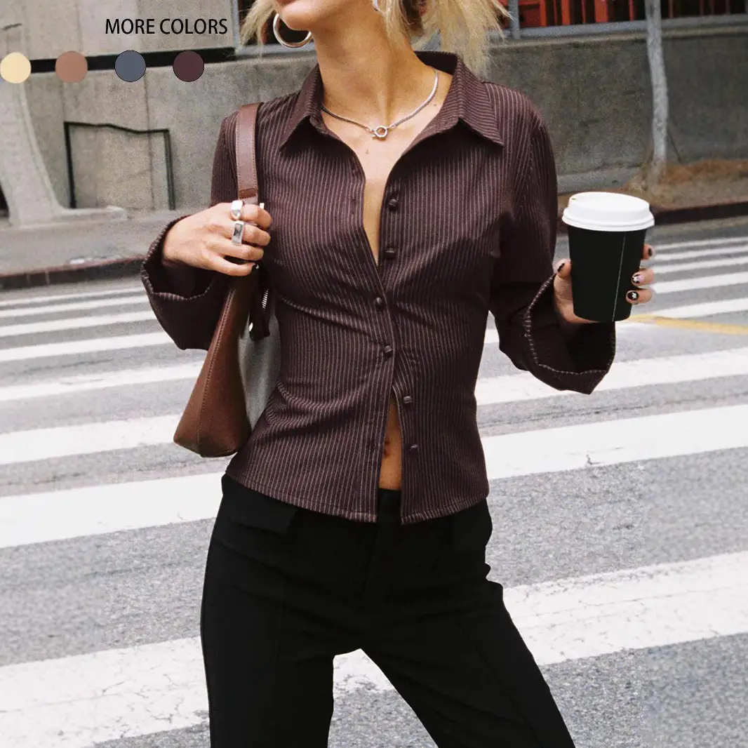 Lapel Breasted Cardigan Long Sleeve Shirt Slim Striped Top