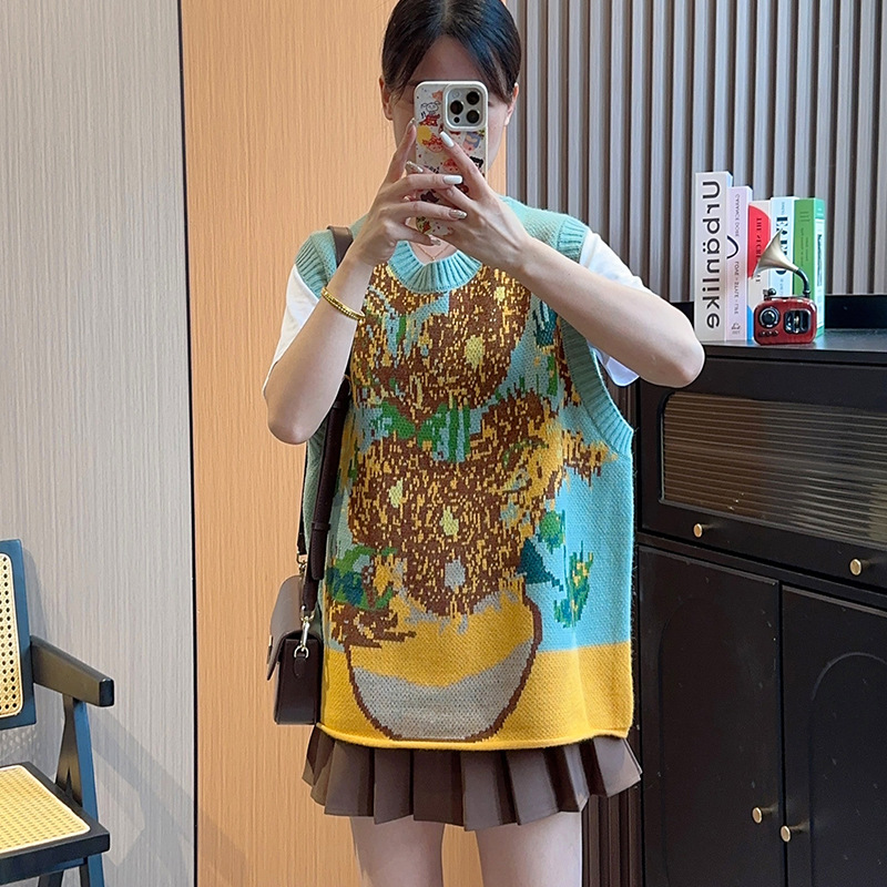 Oil Painting Design Sense Niche Vest Knitted Vest Green - Shop at LoveMi