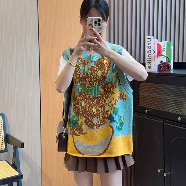 Oil Painting Design Sense Niche Vest Knitted Vest Green - Shop at LoveMi