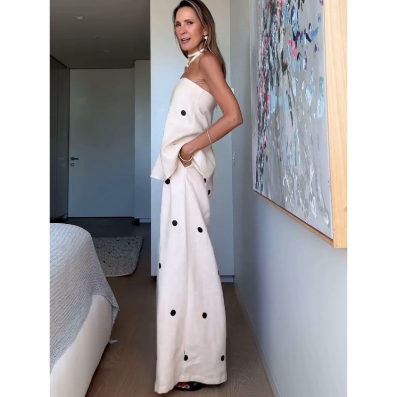 Polka Dot Tube Top Wide Leg Pants Suit