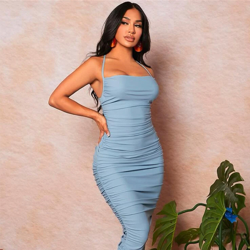 Temperament Pleated Backless Sexy Pure Desire Mature Sister Bodycon Dress Blue - Shop at LoveMi