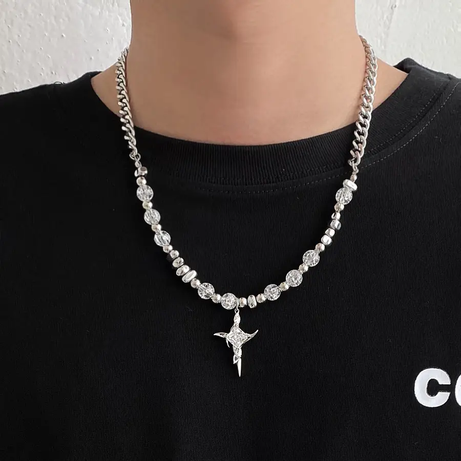 Irregular Cross Necklace Ice Crack Beads Titanium Steel