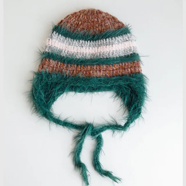 Rabbit Hair Plush Hat Korean Style Ins Warm Earflaps Cap Lace up Cold proof Striped Knitted Woolen Cap Winter Green - Shop at LoveMi
