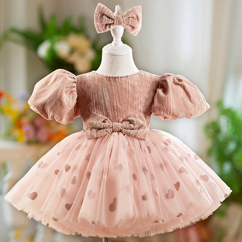 Girls' Dress Birthday Bow Puff Sleeve Puffy Gauze Princess Dres Children Dinner Suit