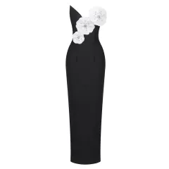 Black Backless Bandage Chest White Exquisite Flower Decorative Dress For Women Dress - Black - View 1