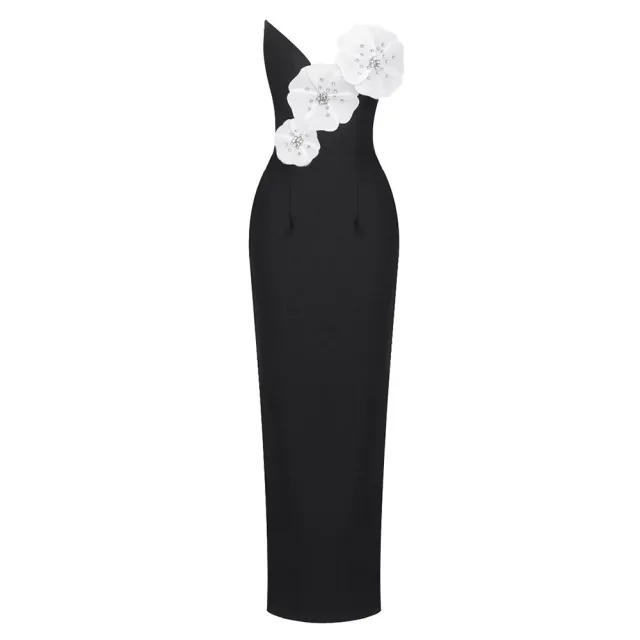 Black Backless Bandage Chest White Exquisite Flower Decorative Dress For Women Dress Black - Shop at LoveMi
