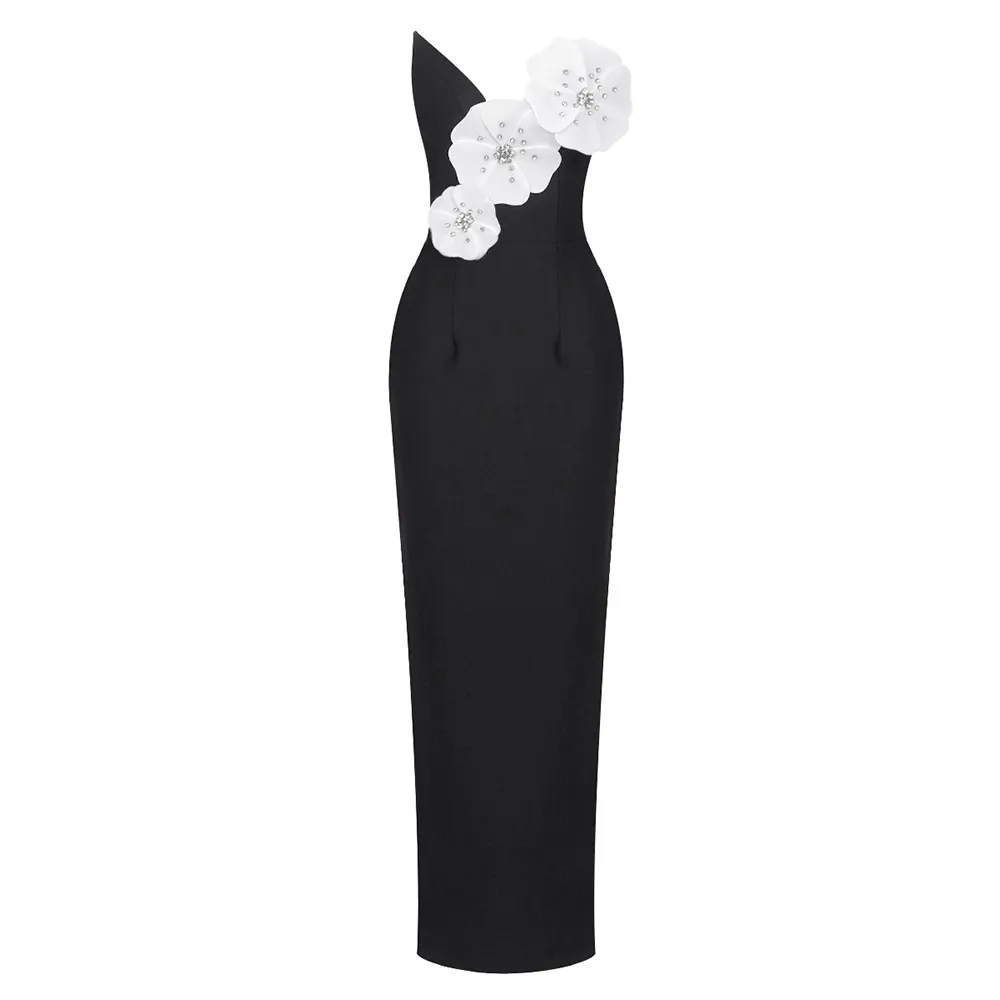 Black Backless Bandage Chest White Exquisite Flower Decorative Dress For Women Dress - Black