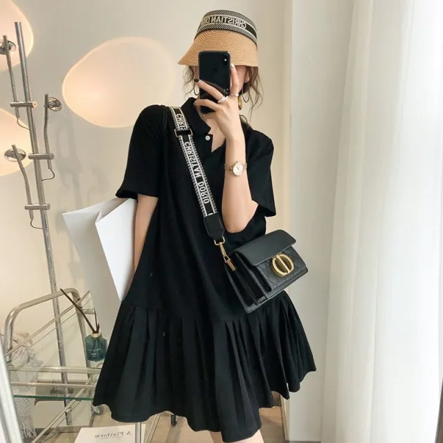 Extra Large Size Polo Collar Short Sleeve Women's Summer Loose Dress Black - Shop at LoveMi