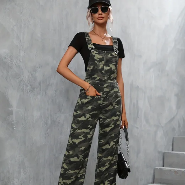 Women's Street Camouflage Large Pocket Straight leg Denim Suspender Pants Army Green - Shop at LoveMi