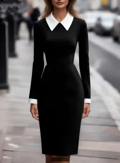 Women's Classic Black And White Contrast Long Sleeve Slim Midi Dress - Black - View 1