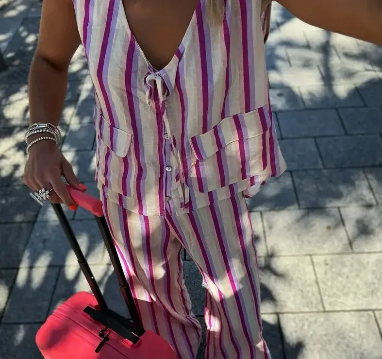 Women's Striped Printed Lace Up Vest Pants Suit - Striped Suit