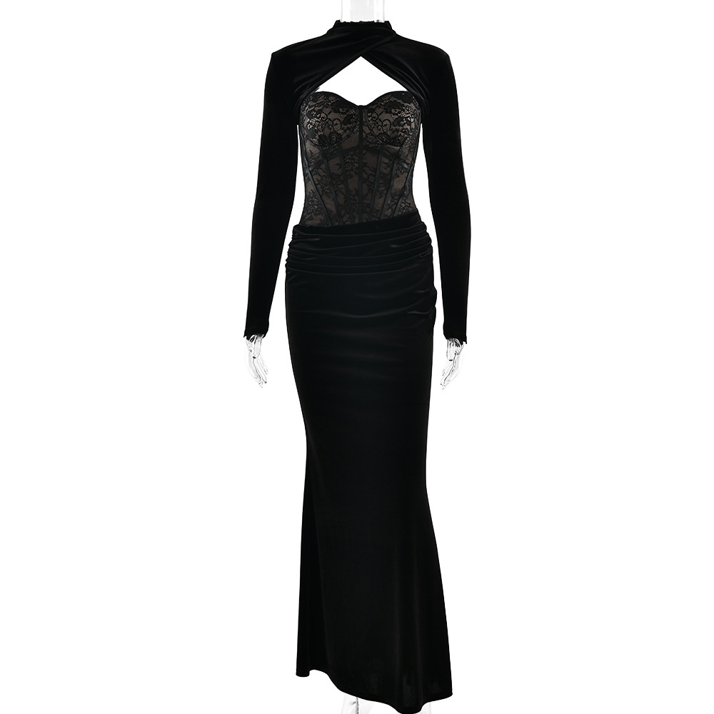 New Lace Fishbone Low Cut Long Dress, Sexy Bodycon Backless Waistcoat With Long Sleeves Black - Shop at LoveMi