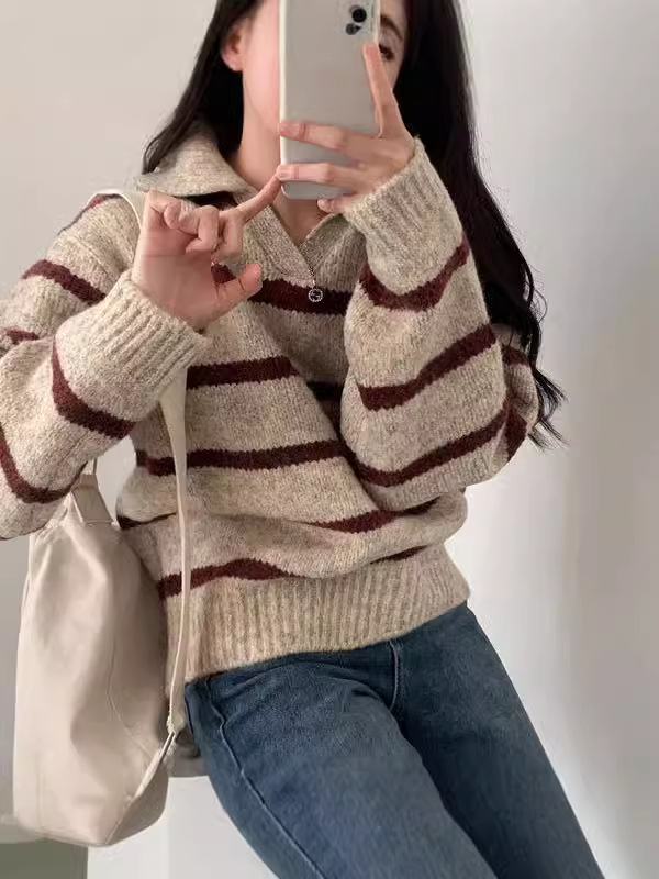 Fall And Winter Lapels Contrast Color Striped Pullover Sweater Long Sleeve Loose Casual Knitted Top For Women Brick Red - Shop at LoveMi