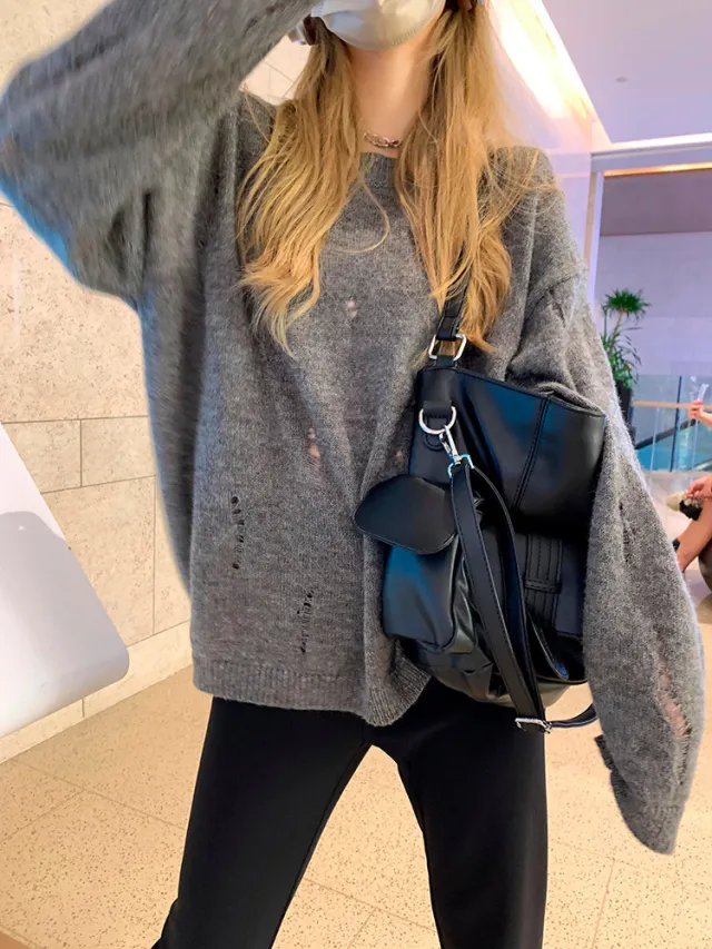 Autumn And Winter Loose Idle Style Design Sense Style Long Sleeve Knitwear Top Gray - Shop at LoveMi