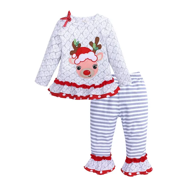 Christmas Children's Clothing Girls' Long sleeved Reindeer Top Striped Pants Set Gray - Shop at LoveMi