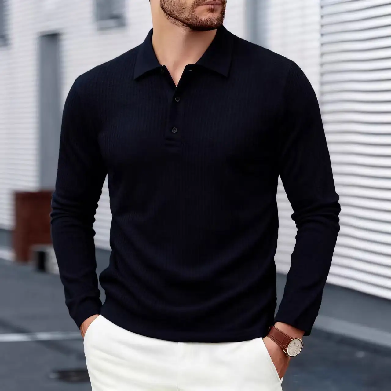 Solid-color Stand-collar Long-sleeve Mens Casual Polo Shirt