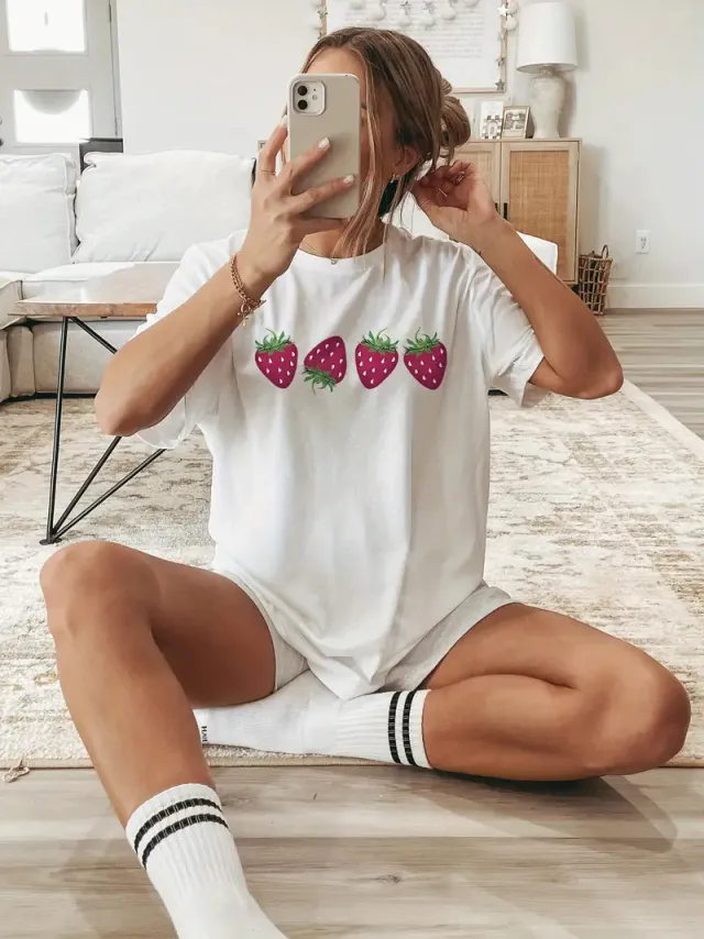 Fruit Strawberry Round Neck Short Sleeve Top For Women Qts139 - Shop at LoveMi