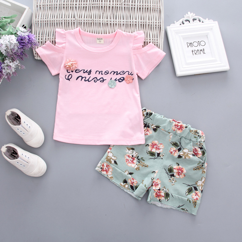 Baby Alphabet Flower Off-shoulder Shorts T-shirt