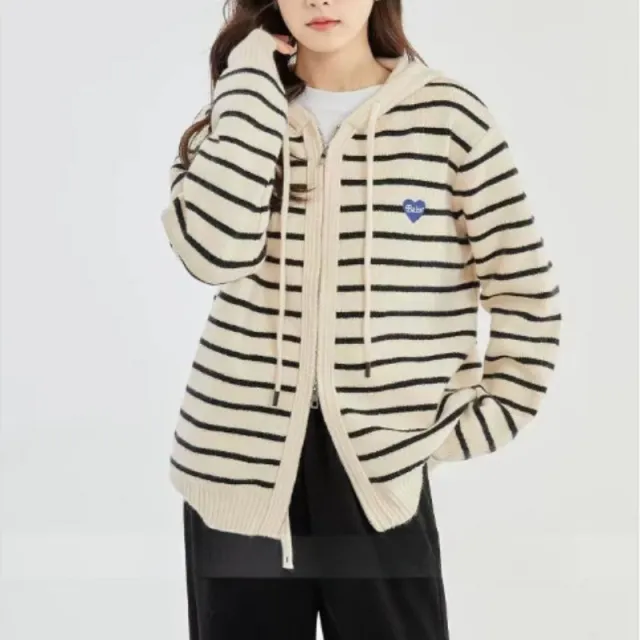 Loose Sports And Leisure Gray Hooded Knit Cardigan Coat For Women Beige Stripe - Shop at LoveMi