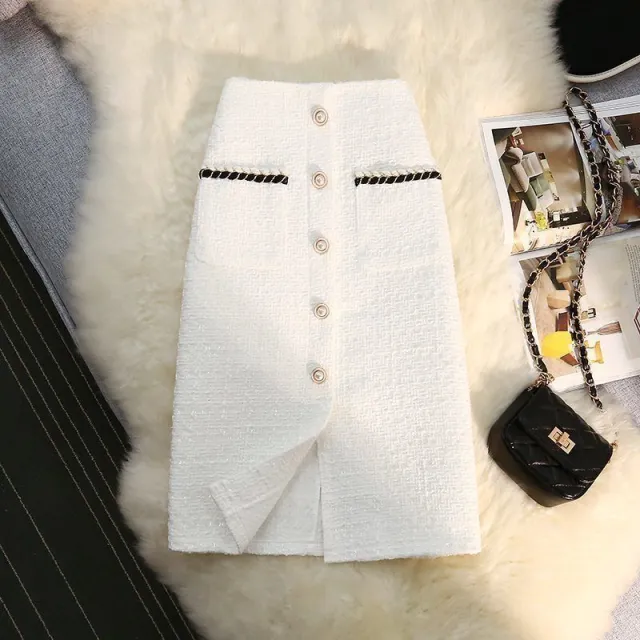 High Waist Slimming Breasted Pocket A Line Slit Skirt White - Shop at LoveMi