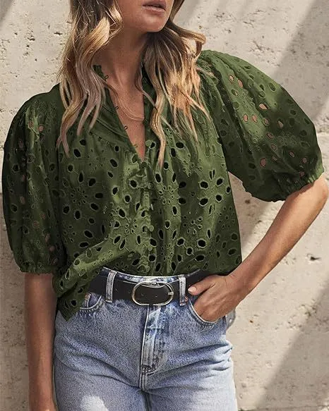 Women's Lantern Sleeve V neck Buttons Hollow Lace Embroidered Shirt Army Green - Shop at LoveMi
