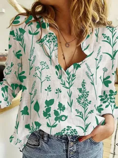 Women's 3D Digital Printing Lapel Collar Long-sleeved Shirt - Green - View 1
