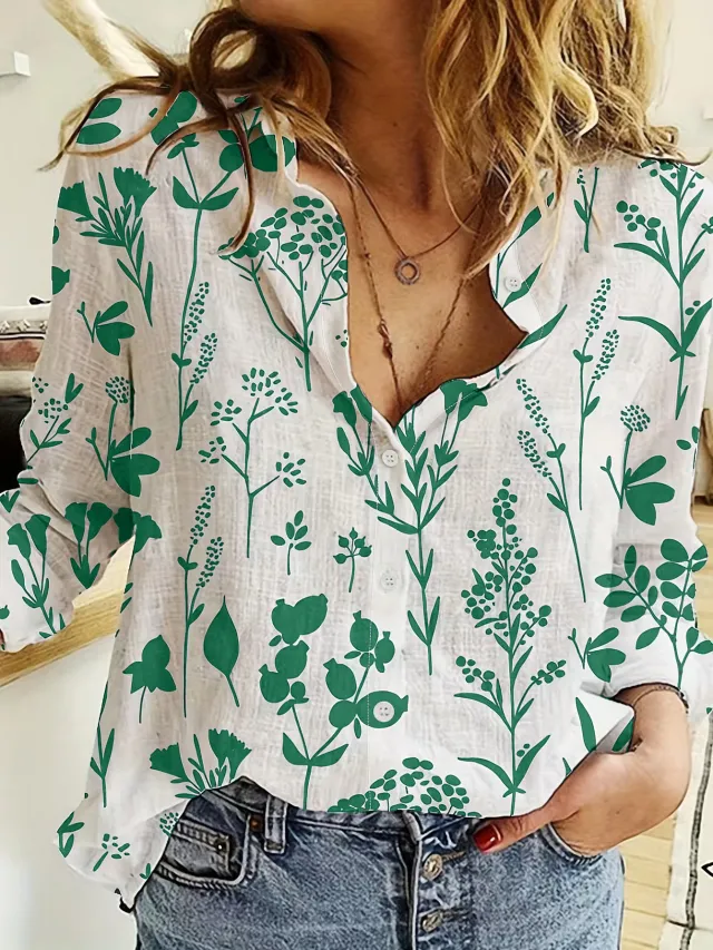 Women's 3D Digital Printing Lapel Collar Long sleeved Shirt Green - Shop at LoveMi