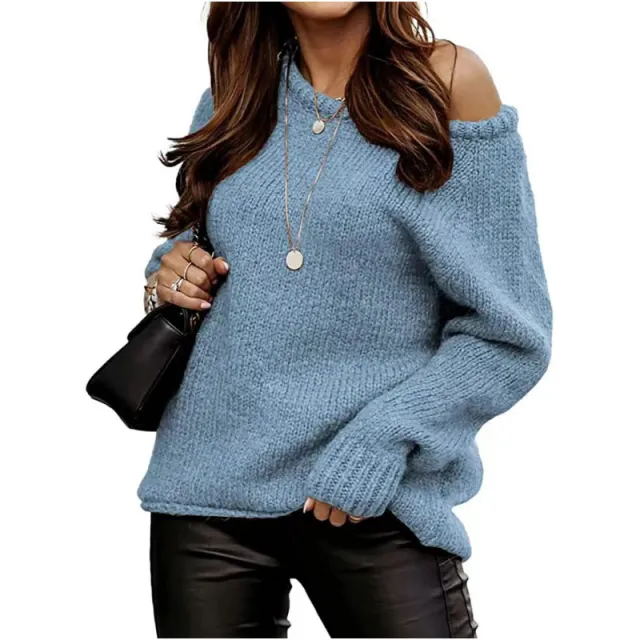 Strapless Round Neck Pullover Leisure Loose fitting Oversized Sweater Azure S - Shop at LoveMi