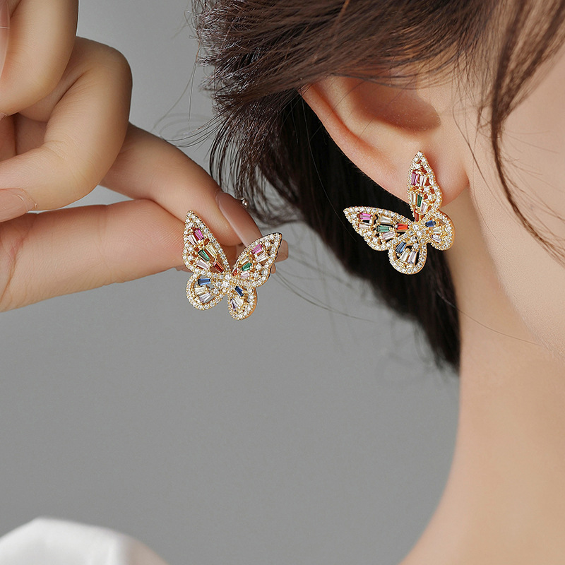 Women's Full Diamond Color Zircon Butterfly Studs