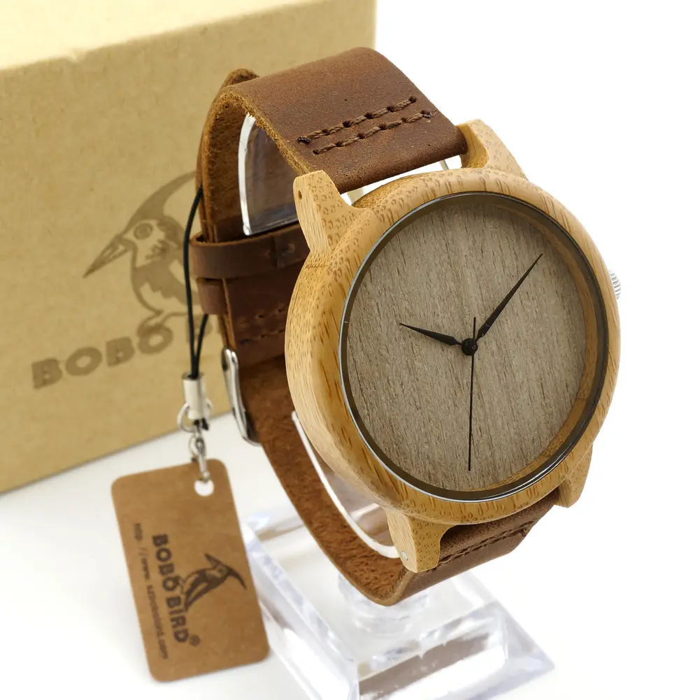 Single-bamboo Wooden-layer Cowhide Mens Wooden Watch