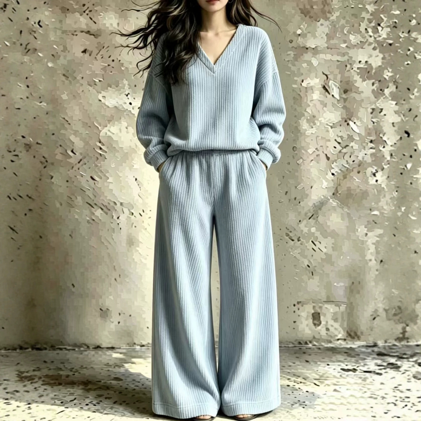 Casual V-neck Loose Wide-leg Two-piece Set product image