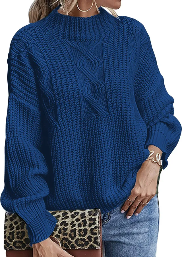 Long Sleeve Mid Collar Slim Bottoming Shirt Round Neck Pullover Sweater Navy - Shop at LoveMi