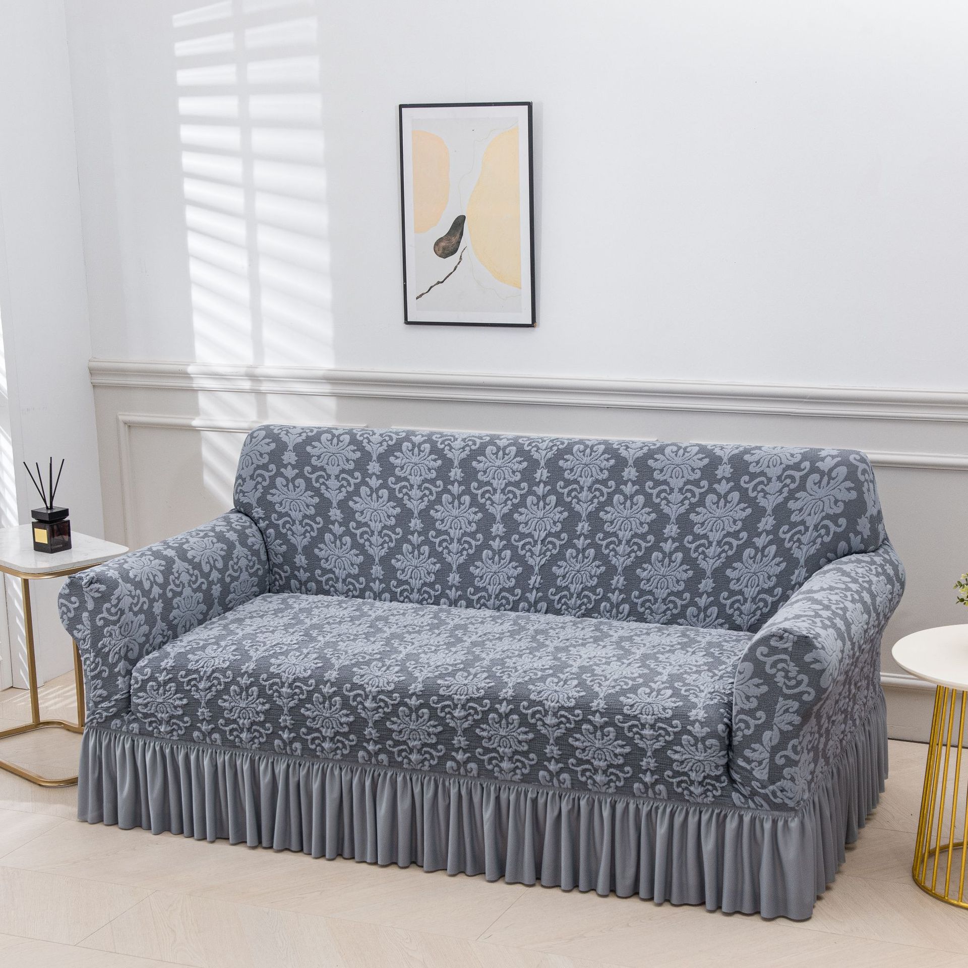 Black Silk Embossed Jacquard Skirt-style Stretch Living Room Sofa Cover