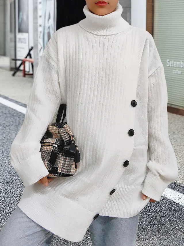 Women's Turtleneck Sweater Fastener Decoration White - Shop at LoveMi