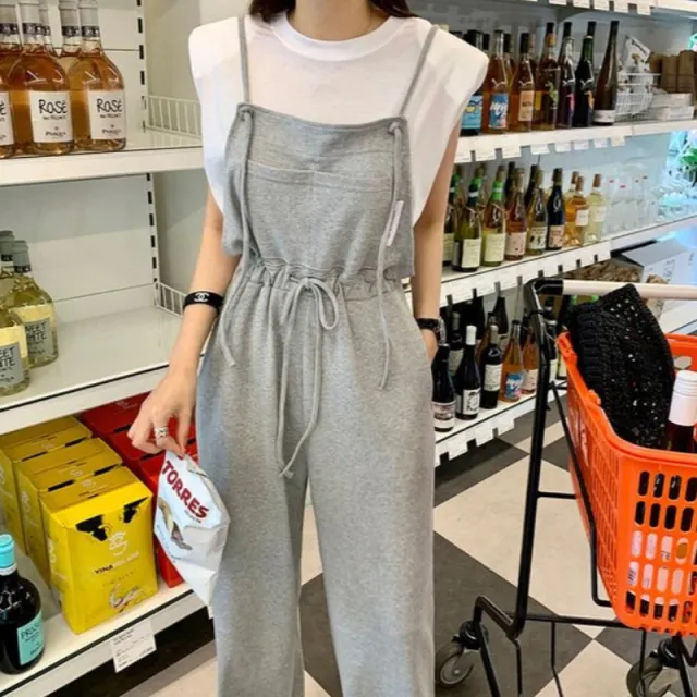 European And American Ladies Elegant Drawstring Waist Trimming Loose Wide Leg Pants Suspender Pants Simple Style Gray - Shop at LoveMi
