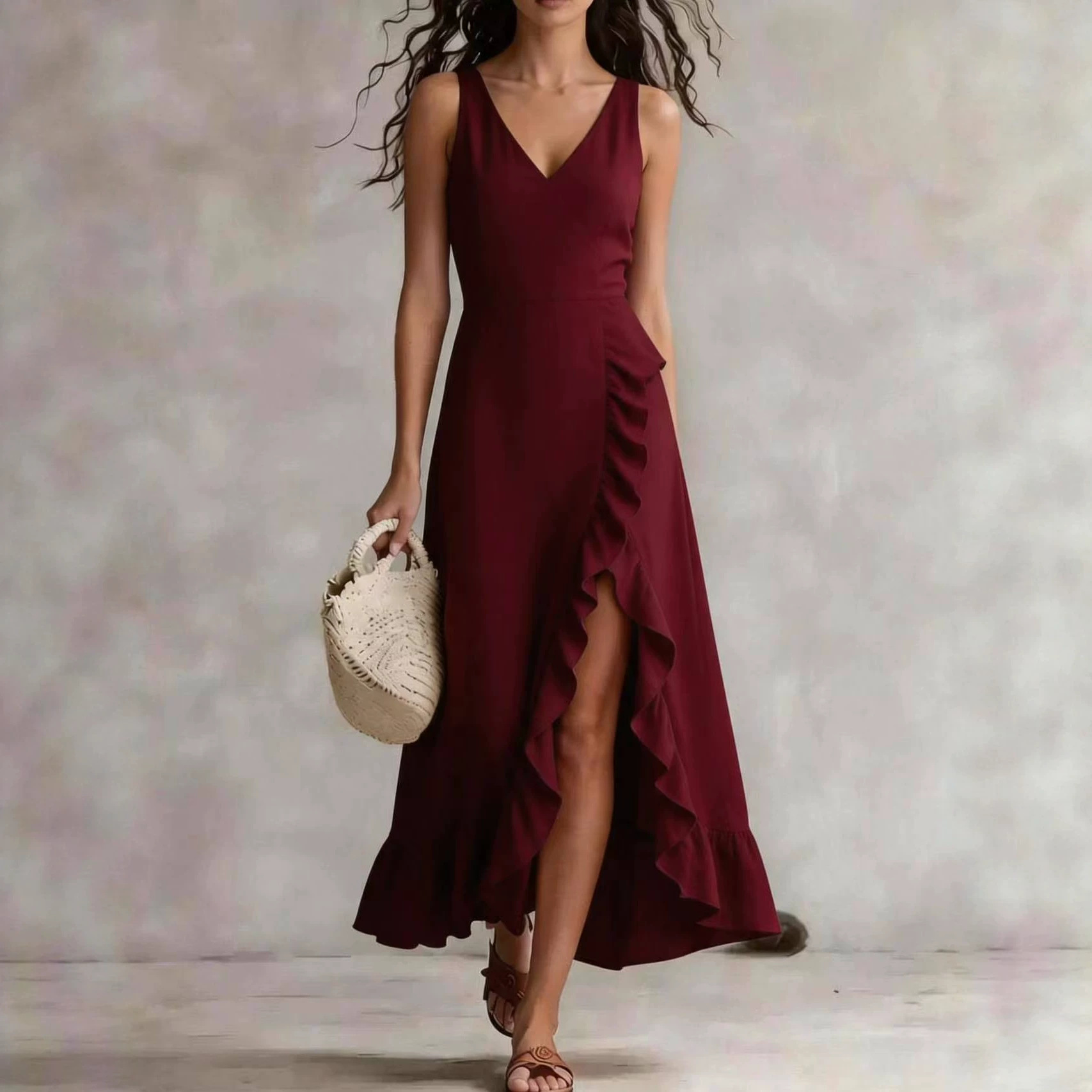 Womens V-neck Sleeveless Flounced Hem Split Dress
